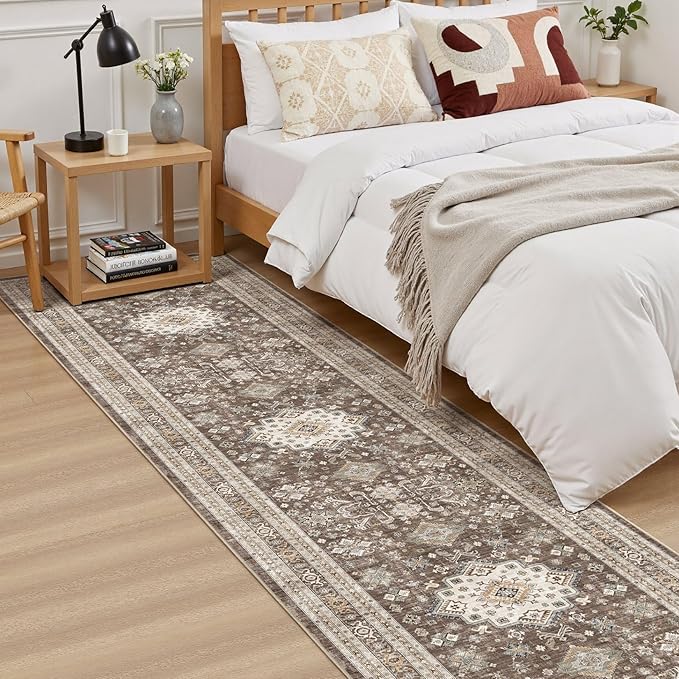 Vintage Hallway Runner Rug 2x8: Large Soft Washable Entryway for Kitchen Laundry Room Non-Slip Backing Runner for Entrance Living Room Bedroom Bathroom - Dark Brown