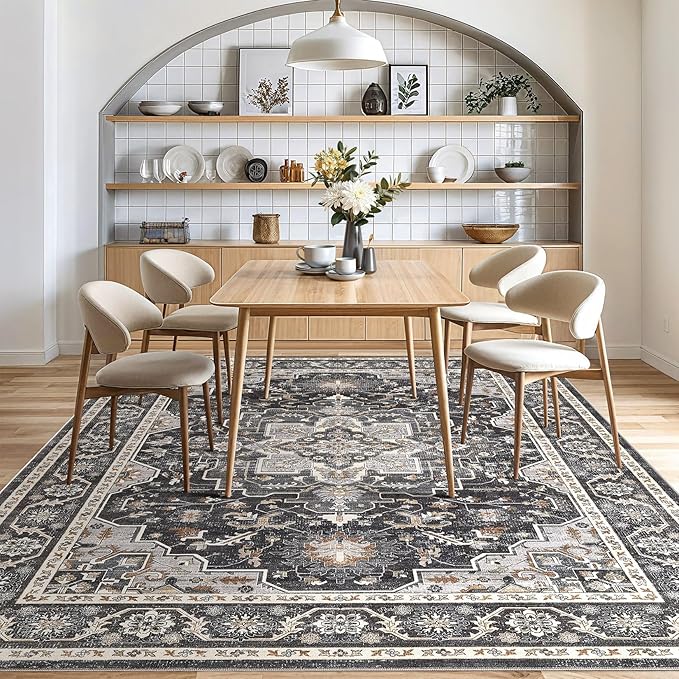 Vintage Living Room Area Rug 6x9 - Large Soft Washable Oriental Traditional Distressed Farmhouse Rugs for Bedroom - Indoor Floor Accent Carpet for Home Office House Decor - Black