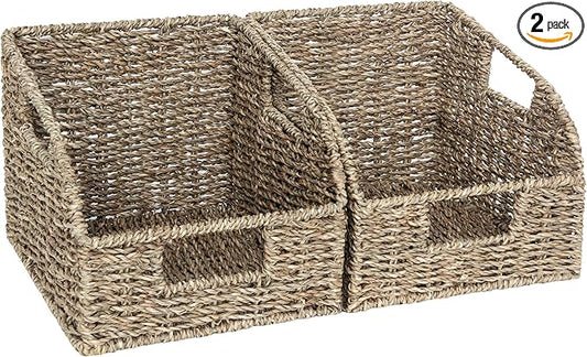 StorageWorks Wicker Baskets for Organizing, Pantry Organizers and Storage, Seagrass Storage Basket for Pantry Shelves, Kitchen Counter, Natural, 2 Pack