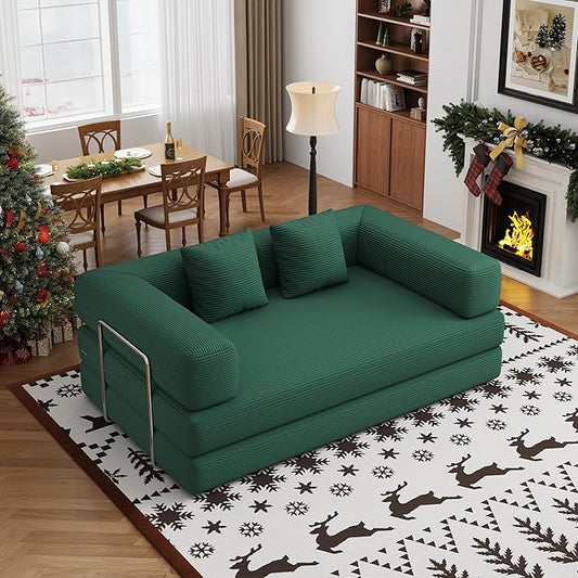 4-in-1 Foldable Sofa Bed Teddy Fabric Foam-Filled Compressed Couch, Convertible Loveseat Sofa, Boneless FoldingSleeper for Living Room, Guest Bed, Playroom (Green, 59” 2 Seat)