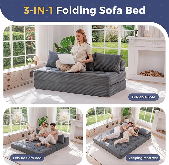 MAXYOYO Folding Sofa Couch, Convertible Floor Sleeper Couch with 3 Pillows, Tufted Floor Oversized Loveseat Couch Tufted Fold Out Chair Bed Comfy Sofa Lounge for Living Room Bedroom, Dark Grey