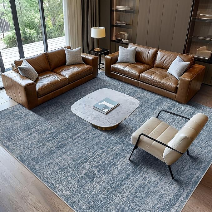 Area Rug Living Room Rugs - 9x12 Abstract Large Soft Indoor Washable Rug Neutral Modern Low Pile Carpet for Bedroom Dining Room Farmhouse Home Office - Dark Blue
