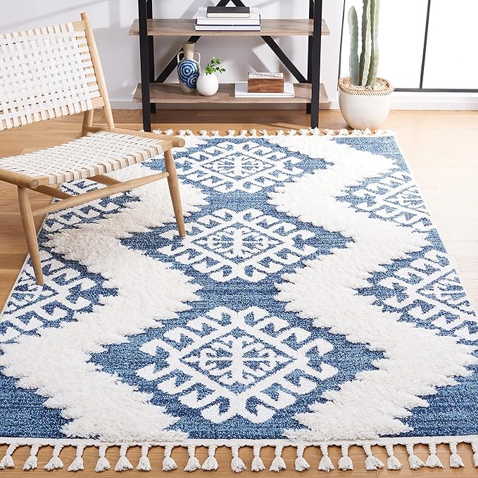 SAFAVIEH Moroccan Tassel Shag Collection Area Rug - 6'7" x 9'2", Blue & Ivory, Boho Design, Non-Shedding & Easy Care, 2-inch Thick Ideal for High Traffic Areas in Living Room, Bedroom (MTS652M)