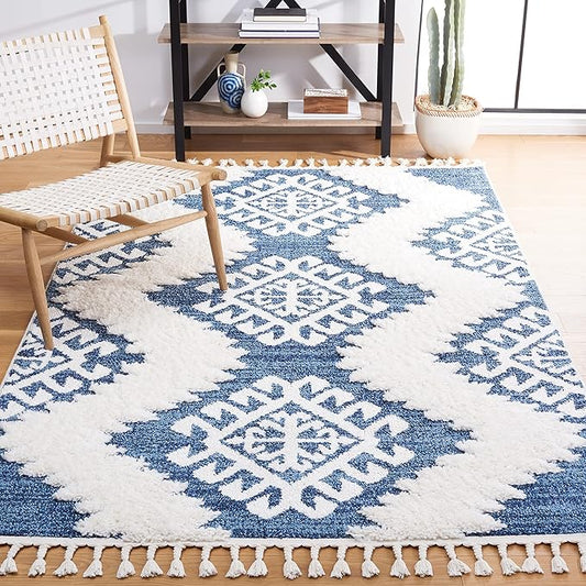 SAFAVIEH Moroccan Tassel Shag Collection Area Rug - 5'3" x 7'6", Blue & Ivory, Boho Design, Non-Shedding & Easy Care, 2-inch Thick Ideal for High Traffic Areas in Living Room, Bedroom (MTS652M)