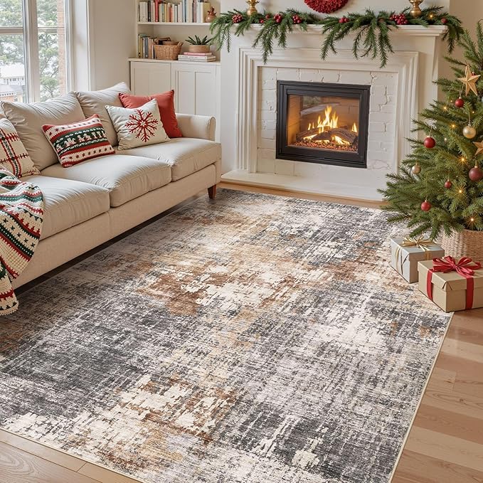 Area Rug Living Room Rugs - 7x10 Washable Large Soft Indoor Neutral Modern Abstract Low Pile Rug Carpet for Bedroom Dining Room Farmhouse Home Office - Grey Brown