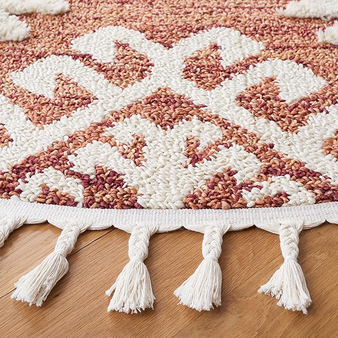 SAFAVIEH Moroccan Tassel Shag Collection Round Rug - 4' Round, Orange & Ivory, Contemporary Design, Ideal for High Traffic Areas in Living Room, Bedroom & Dining Room (MTS652P-4R)