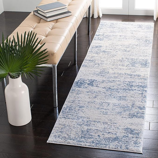 SAFAVIEH Amelia Collection Runner Rug - 2'2" x 18', Ivory & Blue, Modern Abstract Design, Non-Shedding & Easy Care, Ideal for High Traffic Areas in Living Room, Bedroom (ALA700A)