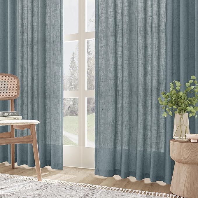 Joywell Light Blue Back Tab Rod Pocket Linen Curtains 84 Inches Long 2 Panels for Living Room Bedroom Neutral Boho Farmhouse Rustic Light Filtering Semi Sheer Curtains Window Treatment 52x84