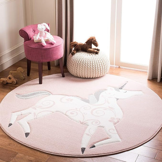 SAFAVIEH Carousel Kids Collection 4' Round Pink / Ivory CRK163P Unicorn Nursery Playroom Area Rug