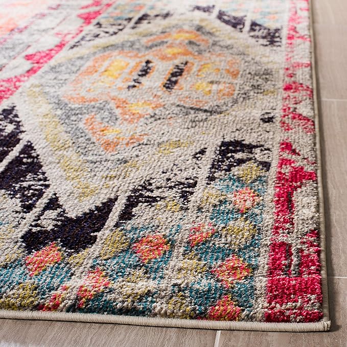 SAFAVIEH Monaco Collection Runner Rug - 2'2" x 14', Light Grey & Multi, Boho Chic Tribal Distressed Design, Non-Shedding & Easy Care, Ideal for High Traffic Areas in Living Room, Bedroom (MNC222G)