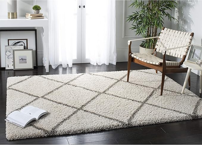 SAFAVIEH Hudson Shag Collection Area Rug - 5' Square, Ivory & Grey, Modern Trellis Design, Non-Shedding & Easy Care, 2-inch Thick Ideal for High Traffic Areas in Living Room, Bedroom (SGH281A)