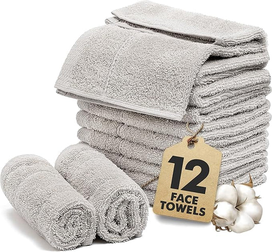 Face Towels Pack of 12 – 100% Cotton Wash Cloths (12x12 inch) – Soft, Quick Dry & Highly Absorbent Hand Towels for Bathroom, Spa, Gym, Kitchen and for Daily Use - (Light Grey)