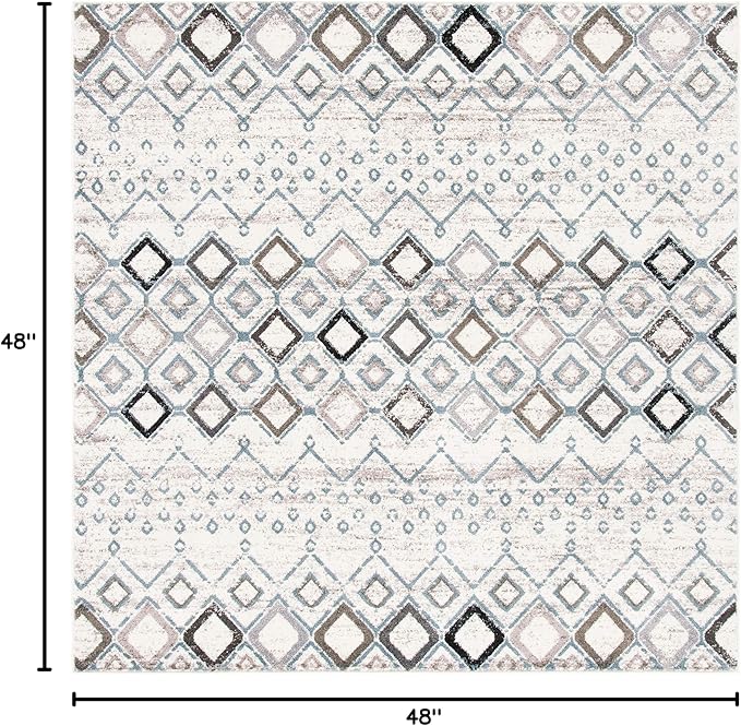 SAFAVIEH Amsterdam Collection Area Rug - 4' Square, Ivory & Grey, Moroccan Boho Design, Non-Shedding & Easy Cleaning, Ideal for Living Room, Bedroom, Dining Space (AMS108A)