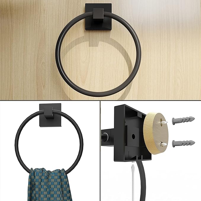 Ruacq Matte Black Toilet Paper Holder Towel Ring Bathroom Accessories Hardware Set Double Post Pivoting Toilet Roll Holder Square Stainless Steel and Zinc Alloy Modern Wall Mounted 2 Pieces