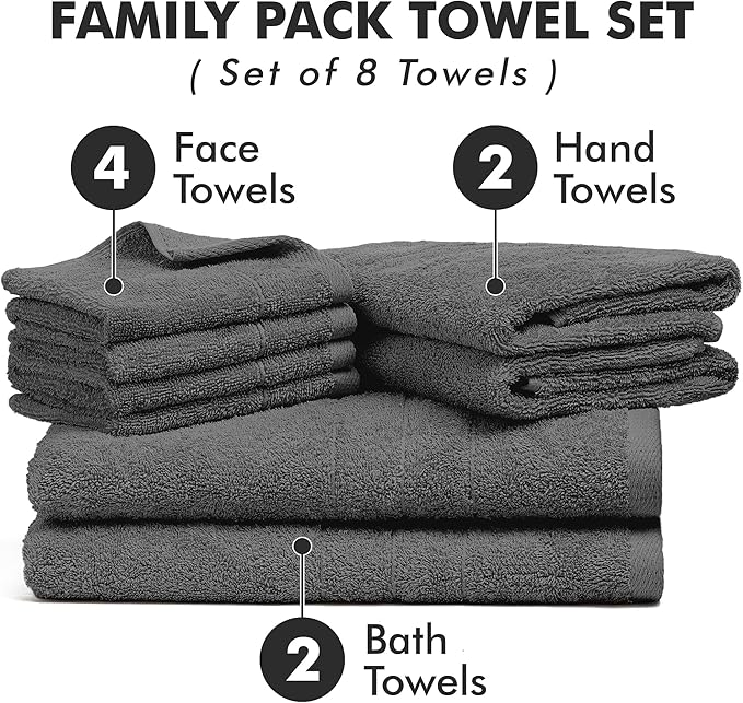 Bath Towels Set of 8 – 100% Cotton (Dark Grey) Bathroom Towel Set Bale Includes 2 Bath, 2 Hand, 4 Face Towels – Soft, Absorbent & Quick Dry Towel for Bathroom, Spa, Kitchen, Hotel Use