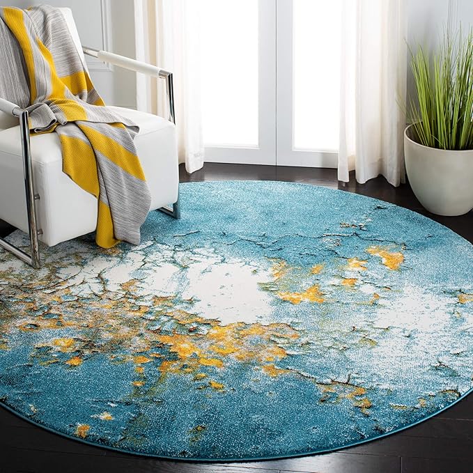 SAFAVIEH Glacier Collection Area Rug - 6'7" Round, Blue & Gold, Modern Abstract Design, Non-Shedding & Easy Care, Ideal for High Traffic Areas in Living Room, Bedroom (GLA125M)