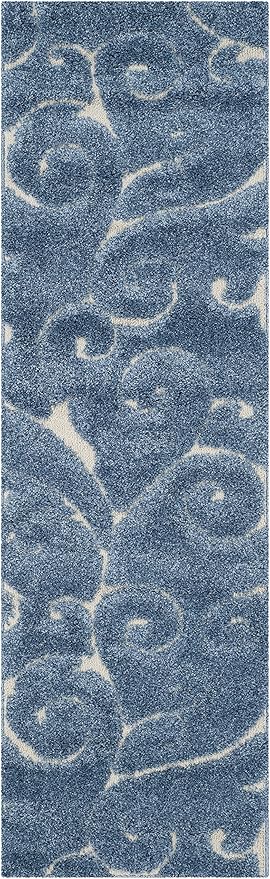 SAFAVIEH Florida Shag Collection Runner Rug - 2'3" x 19', Light Blue & Cream, Scroll Design, Non-Shedding & Easy to Clean, High-Low Plush Pile, Ideal for Bedroom, Foyer, Hallway (SG455-6011)