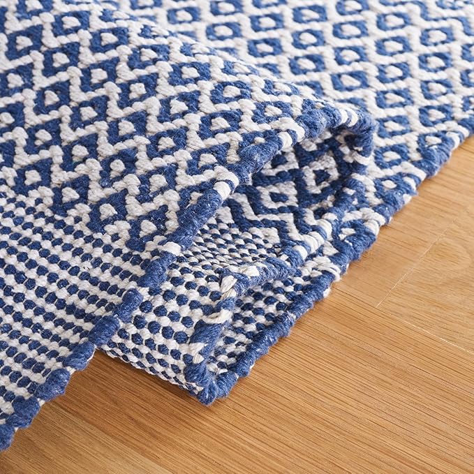 SAFAVIEH Montauk Collection X-Large Area Rug - 11' x 15', Ivory & Navy, Handmade Flat Weave Boho Farmhouse Cotton Tassel Fringe, Ideal for High Traffic Areas in Living Room, Bedroom (MTK330B)