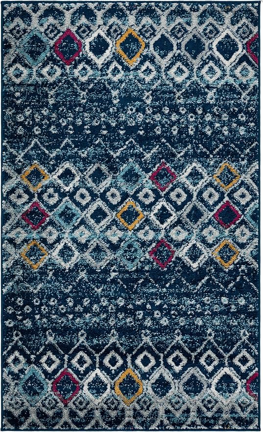 SAFAVIEH Amsterdam Collection Accent Rug - 3' x 5', Navy & Turquoise, Moroccan Boho Design, Non-Shedding & Easy Care, Ideal for High Traffic Areas in Entryway, Living Room, Bedroom (AMS108M)