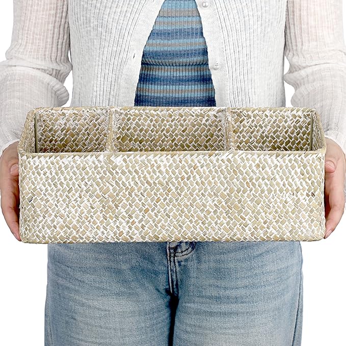Hipiwe Seagrass Storage Basket Bin- 3 Sections Hand-Woven Toilet Basket Wicker Shelf Bathroom Organizer Bins for Shelves, Kitchen, Closets, Toilet Paper Tissue Organizer