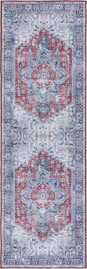 SAFAVIEH Washable Rug Tucson Collection - 2'6' x 8' Runner, Red & Navy, Slip Resistant & Easy to Clean, Ideal for Hallway, Foyer, Entryway, Bedroom (TSN101S)