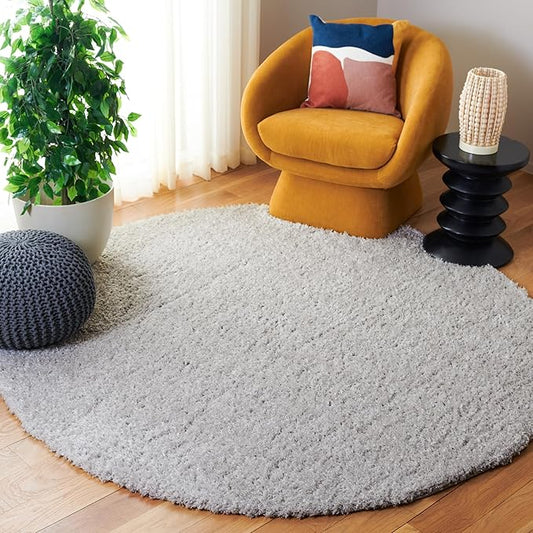 SAFAVIEH Lindsay Shag Collection Round Rug - 6'7" Round, Grey, Contemporary Design, Ideal for High Traffic Areas in Living Room, Bedroom & Dining Room (LNS560F-7R)