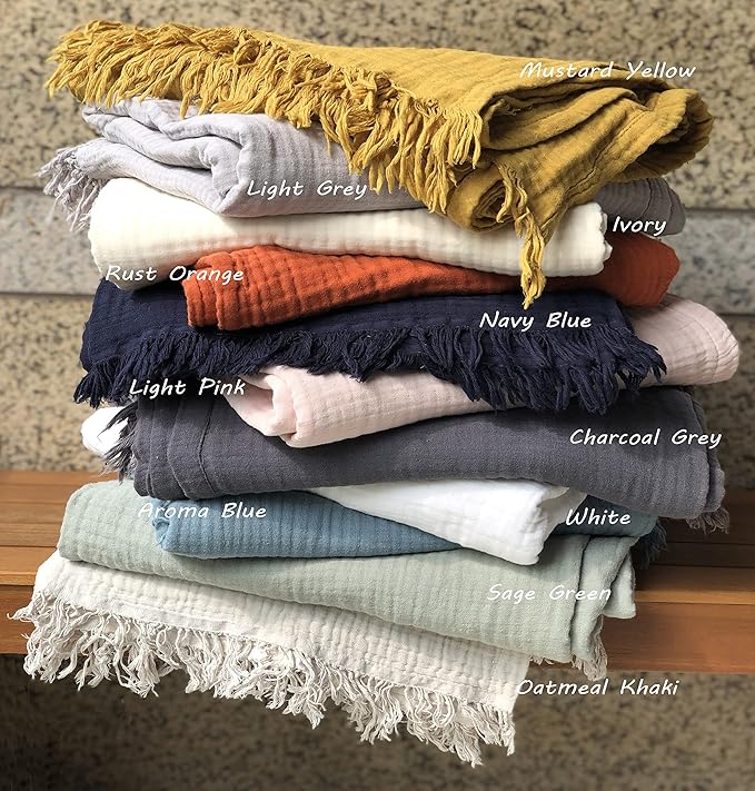 KyraHome Muslin Blankets for Adults, Kids, 50"x60", 100% Organic Cotton Throw Blanket, Plant-Dyed, Breathable Lightweight Throw Blanket for Couch, All Season (Oatmeal Khaki Tan)