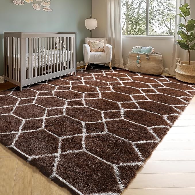 ONASAR 6x9 Area Rugs for Living Room Bedroom, Large Fluffy Brown and White Throw Rug, Geometric Soft Plush Shaggy Fuzzy Floor Carpet for Nursery Kids Girls Boys Teen Dorm Home Office Decor