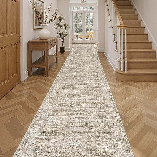 Runner Rug 2'6" x 16' Washable Non-Slip 2.5x16 ft Long Runner Rugs for Kitchen Bathroom Laundry Room Vintage Ultra Thin Runners for Hallway Entryway Brown
