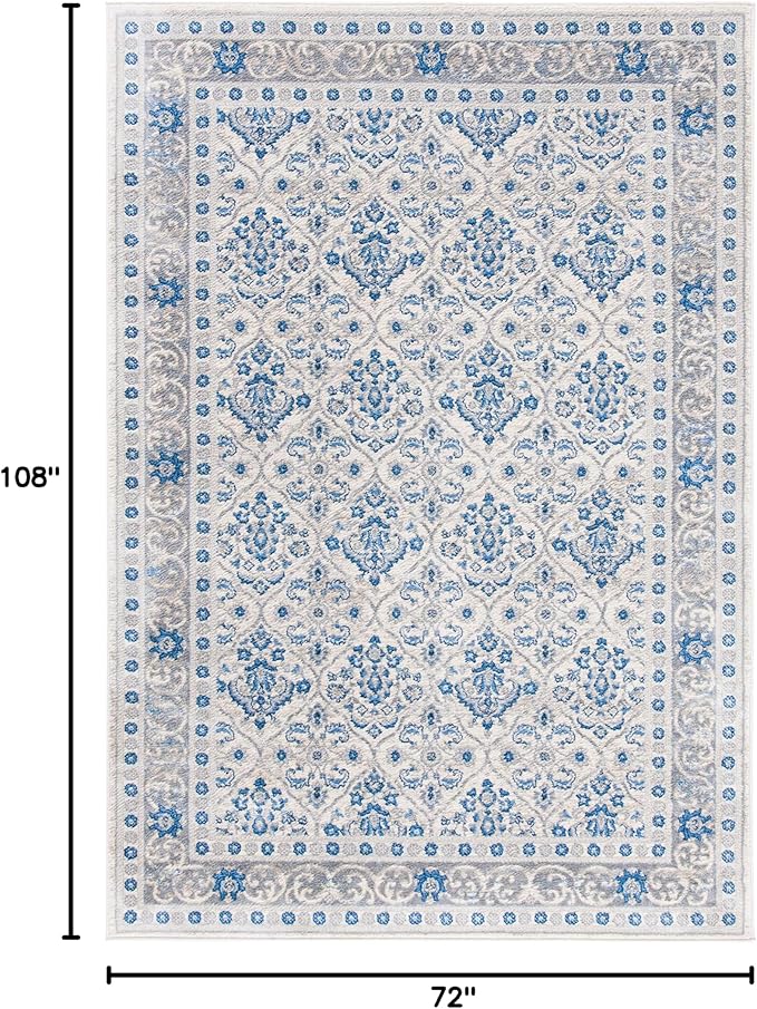 SAFAVIEH Brentwood Collection 6' x 9' Ivory/Blue BNT870A Oriental Damask Trellis Non-Shedding Living Room Bedroom Dining Home Office Area Rug