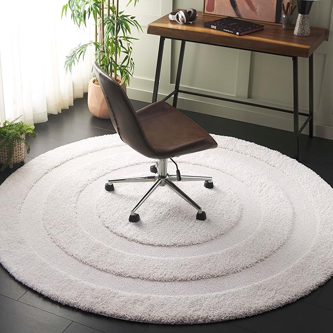 SAFAVIEH Florida Shag Collection Area Rug - 4' Round, Creme & Creme, Border Design, Non-Shedding & Easy Care, 1.2-inch Thick Ideal for High Traffic Areas in Living Room, Bedroom (SG454-1111)