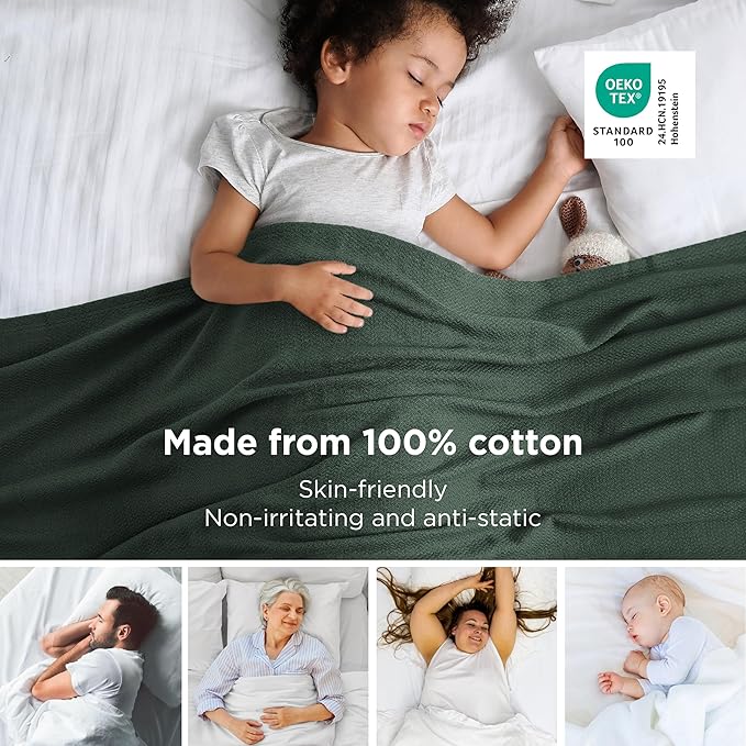 Bedsure GentleSoft 100% Cotton Blanket King Size for Bed - Breathable and Lightweight, Soft Cozy Textured Herringbone Woven Blanket for Summer, Dark Green, 108x90 inches