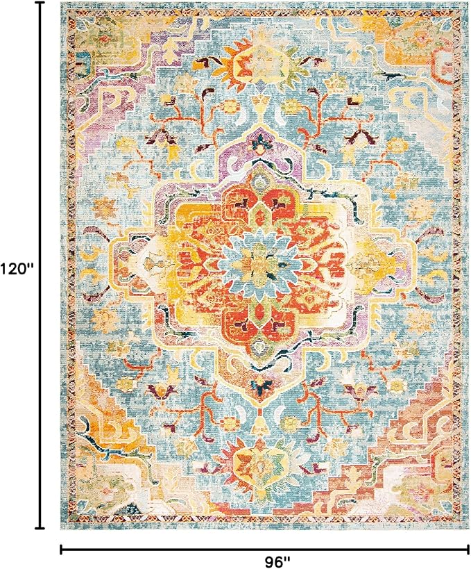 SAFAVIEH Crystal Collection Area Rug - 8' x 10', Orange & Teal, Medallion Distressed Design, Non-Shedding & Easy Care, Ideal for High Traffic Areas in Living Room, Bedroom (CRS501K)