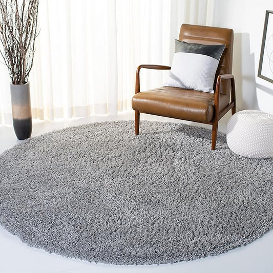 SAFAVIEH August Shag Collection 4' Round Silver AUG200G Solid Non-Shedding Living Room Bedroom Dining Room Entryway Plush 1.5-inch Thick Area Rug