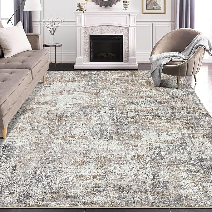 Area Rug Living Room Rugs - 8x10 Washable Large Soft Indoor Neutral Modern Abstract Low Pile Rug Carpet for Bedroom Dining Room Farmhouse Home Office - Brown/Grey/Black