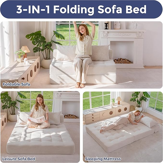 MAXYOYO Folding Sofa Couch, Convertible Floor Sleeper Couch with 2 Pillows, Tufted Floor Loveseat Couch Tufted Fold Out Chair Bed Comfy Sofa Lounge for Living Room Bedroom, Beige