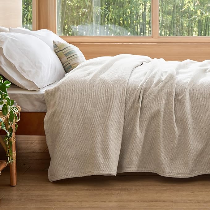 Bedsure GentleSoft 100% Cotton Blanket King Size for Bed - Breathable and Lightweight, Soft Cozy Textured Herringbone Woven Blanket for Summer Spring, Linen Beige, 108x90 inches