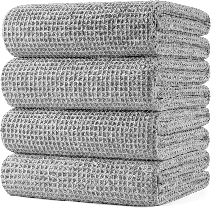 430 GSM Microfiber Oversize Quick Dry Lint Free Bath Towel, 60 x 30 in, 4 Pack (Waffle Weave)