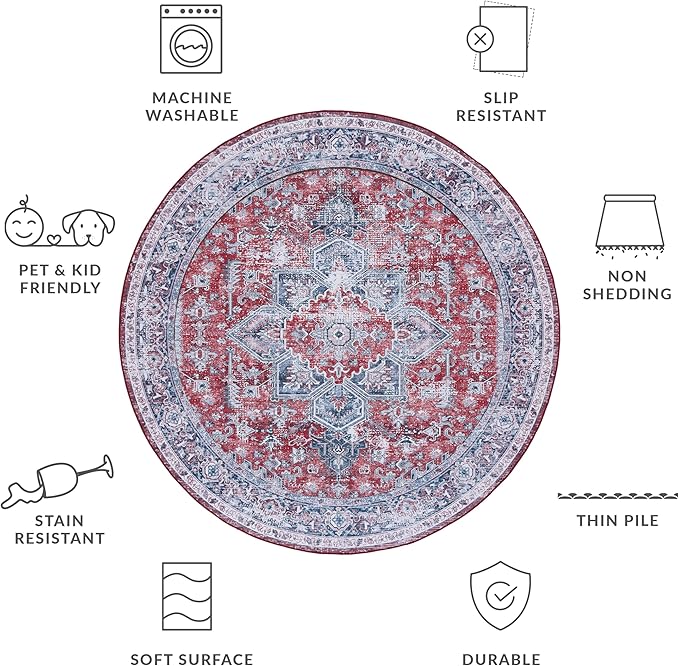 SAFAVIEH Washable Rug Tucson Collection - 6' Round, Red & Navy, Slip Resistant & Easy to Clean, Ideal for Living Room, Bedroom, Dining Space (TSN101S)