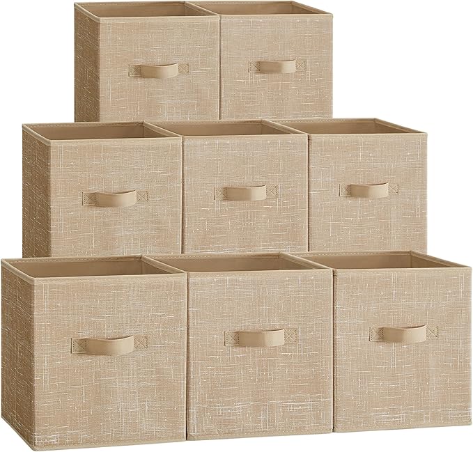 SONGMICS Storage Cubes, 10.2 x 10.2 x 11 Inches Non-Woven Fabric Bins with Double Handles, Set of 8, Closet Organizers for Shelves, Foldable, for Clothes, Sand Beige UROB826K03