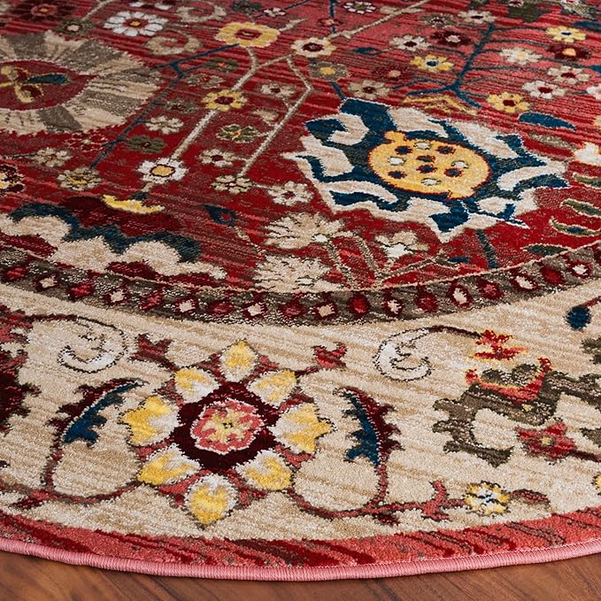 SAFAVIEH Kashan Collection Area Rug - 4' Round, Red & Beige, Non-Shedding & Easy Cleaning, Ideal for Living Room, Bedroom, Dining Space (KSN303L)