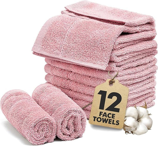 Face Towels Pack of 12 – 100% Cotton Wash Cloths (12x12 inch) – Soft, Quick Dry & Highly Absorbent Hand Towels for Bathroom, Spa, Gym, Kitchen and for Daily Use - (Baby Pink)