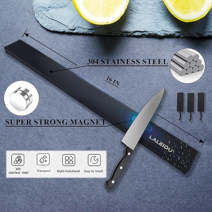 Magnetic Knife Holder for wall, 16 Inch Knife Magnetic Strip with 3 Hooks, black Knife Holder Magnet Rack for Kitchen Organizer, Mount with Adhesive or Screws