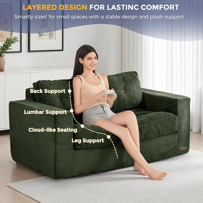 MAXYOYO Loveseat Sofa Couch, Upholstered Bean Bag Chair Cloud 2-Seat for Adults, Boneless Couch with Tufted Cushion & Pillows, Sofa in A Box, No Assembly Required, Dark Green