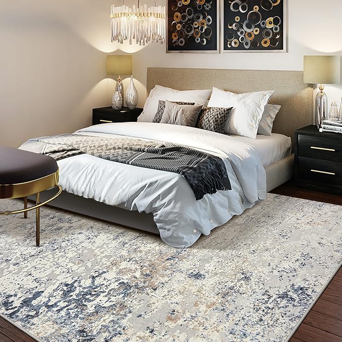 Area Rug Living Room Rugs - 8x10 Thickened Large Soft Indoor Neutral Modern Abstract Low Pile Washable Rug Carpet for Bedroom Dining Room Farmhouse Home Office - Beige Blue