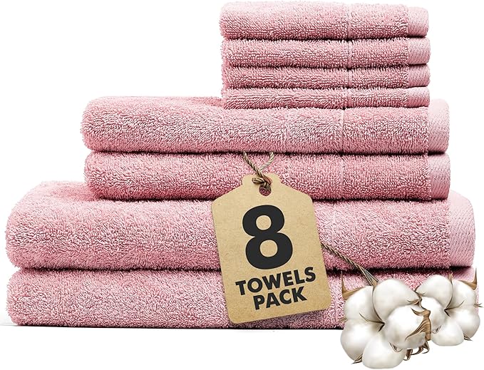 Bath Towels Set of 8 – 100% Cotton (Baby Pink) Bathroom Towel Set Bale Includes 2 Bath, 2 Hand, 4 Face Towels – Soft, Absorbent & Quick Dry Towel for Bathroom, Spa, Kitchen, Hotel Use
