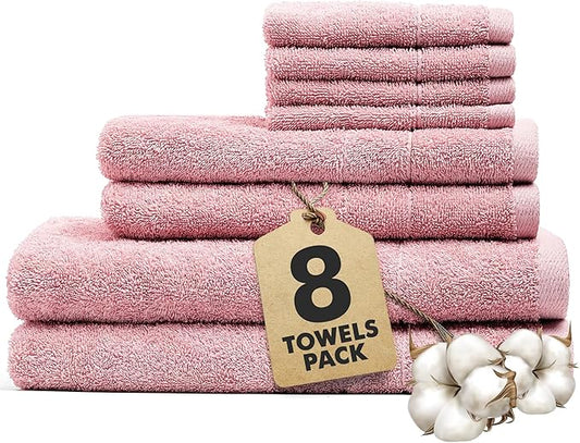 Bath Towels Set of 8 – 100% Cotton (Baby Pink) Bathroom Towel Set Bale Includes 2 Bath, 2 Hand, 4 Face Towels – Soft, Absorbent & Quick Dry Towel for Bathroom, Spa, Kitchen, Hotel Use