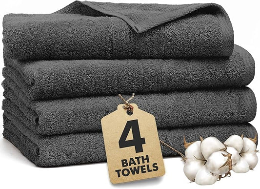 Bath Towels Set of 4 – 100% Cotton Dark Grey Extra Large Towels for Bathroom, Spa Use (55x28 in) – Super Soft and Quick Dry Large Bath Sheets for Adults