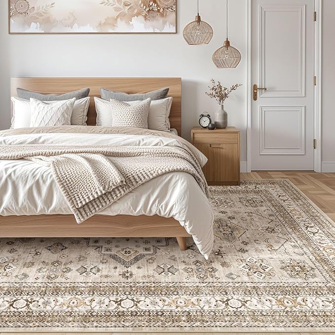 Vintage Living Room Area Rug 8X11 - Large Soft Washable Oriental Traditional Distressed Farmhouse Rugs for Bedroom - Indoor Floor Accent Carpet for Home Office House Decor - Beige