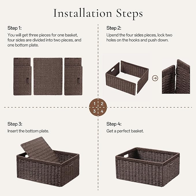 joybest Wicker Baskets, Woven Paper Rope Storage Baskets for Organizing, Foldable Rectangular Storage Organizer Bins for Shelves with Built-in Handles 13L x 10W x 5H inch, 2-pack Dark Brown